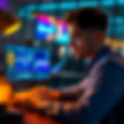 A young man looks at a laptop screen displaying Bitcoin prices, contemplating a monthly investment.
