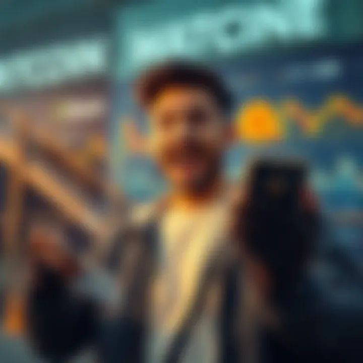 A young man holding a paycheck excitedly looking at a Bitcoin chart on his smartphone, reflecting his investment decision during a market dip.