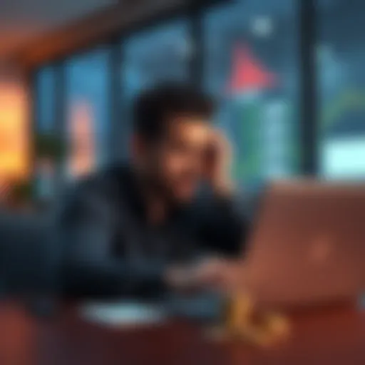 A man sits at a table looking worried, with a laptop showing cryptocurrency graphs and Canadian currency on the side.