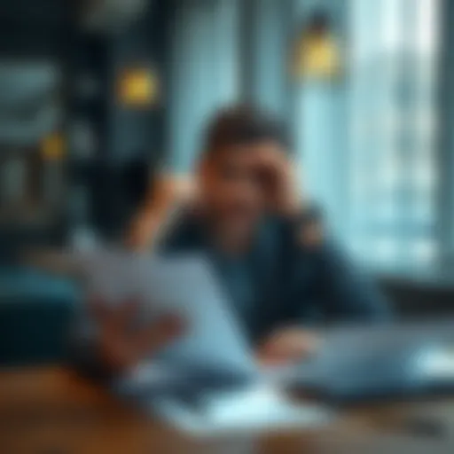 A man sitting at a table with a worried expression, looking at financial documents and a Bitcoin symbol, representing his divorce settlement decision.