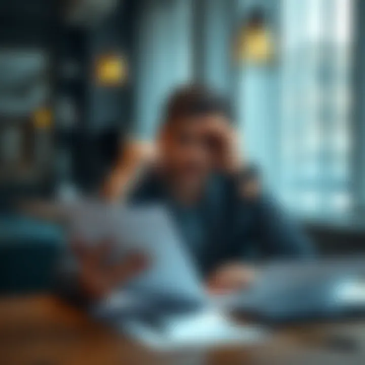 A man sitting at a table with a worried expression, looking at financial documents and a Bitcoin symbol, representing his divorce settlement decision.
