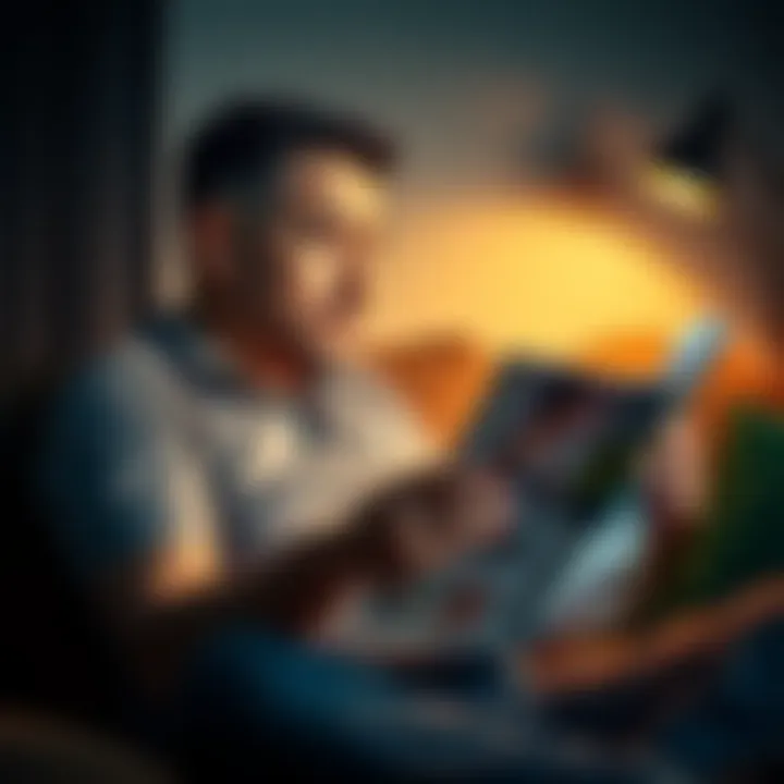 A man in his late thirties sitting on a couch, looking thoughtful while reading a health magazine about improving libido and sexual health.