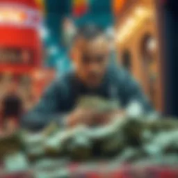 Man Counting Cash A man sitting at a table surrounded by cash, with a concerned look on his face, highlighting the profits from rugpulling.