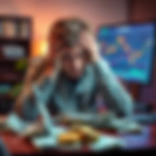 A man sits at a table with his head in his hands, surrounded by bills and a computer showing cryptocurrency charts, displaying his financial stress after investing in Trump coin.