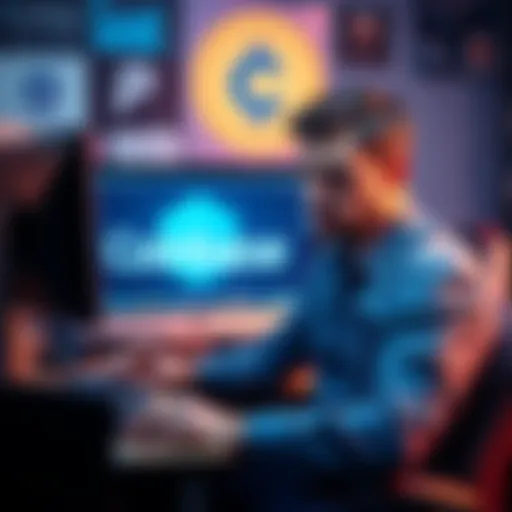 Frustrated man sitting in front of computer with Coinbase logo on screen, looking worried about his locked cryptocurrency investment