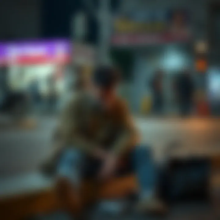 A man sitting on a curb looking downcast, with worn clothes and a few belongings beside him, reflecting his tough times