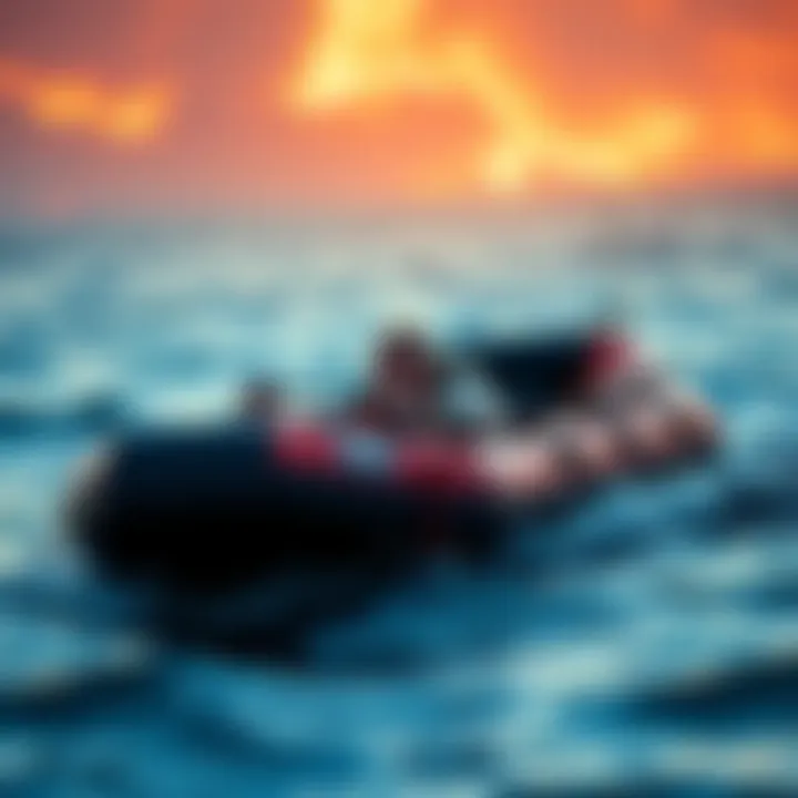 A man struggling in a slow life raft during a chaotic escape on water