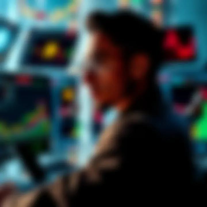 A man analyzing cryptocurrency trends on multiple screens, surrounded by digital currency symbols and graphs.