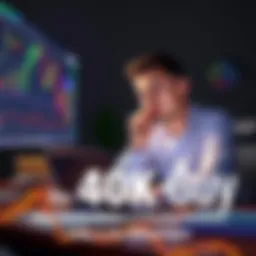 A man sits at a desk with a laptop, looking thoughtfully at cryptocurrency charts, pondering buying decisions at the 40K price point.