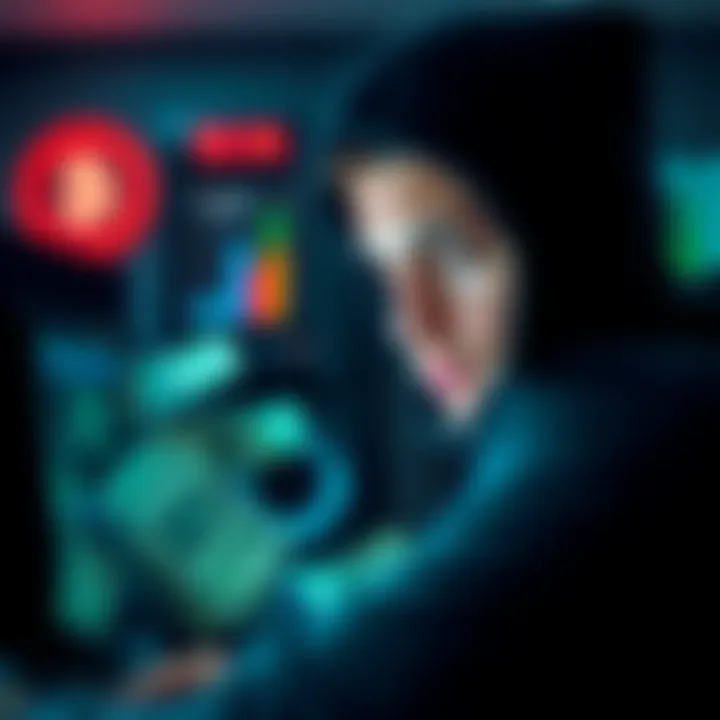 A man in a dark hoodie looks at a computer screen, surrounded by dollar bills, symbolizing financial crime.