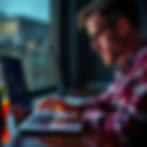A man intently examining a cryptocurrency chart on his laptop, hinting at his interest in Buttcoin