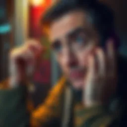 A man anxiously talking on the phone, with a shocked expression, representing the stress from a scam incident.