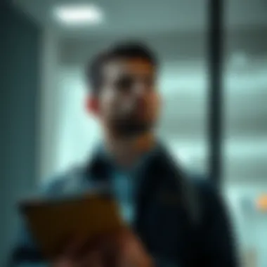 A man looks thoughtfully while holding a clipboard, symbolizing the questioning of motives in a justice pursuit.