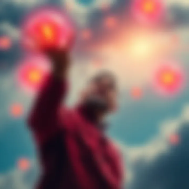 A man eagerly reaching for floating opportunities represented by glowing orbs in a bright sky