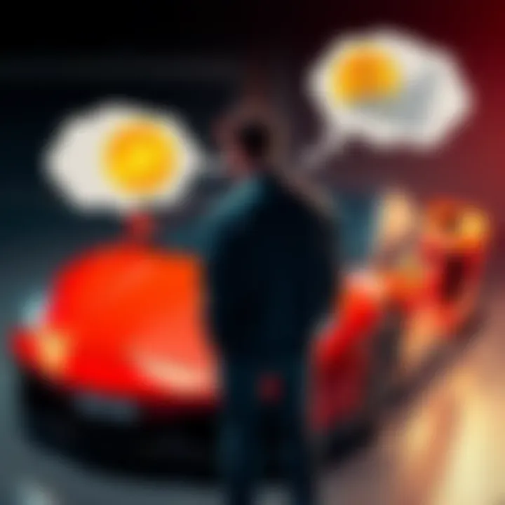 A man stands beside a flashy sports car, looking disappointed, with a thought bubble showing Bitcoin symbols and rising graphs.