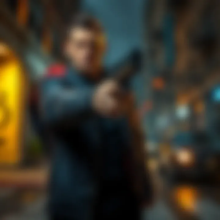 A man stands frightened as a thief points a gun at him, demanding cryptocurrency. Dark city street in the background.