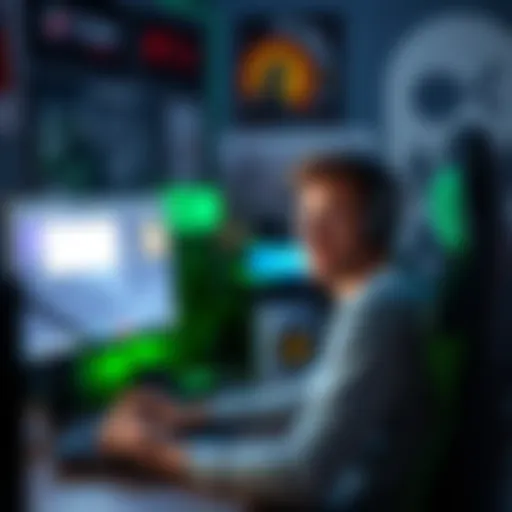 A young man sitting at his desk streaming video games with a worried expression, surrounded by gaming gear and a computer screen showing a live chat, looking for financial help