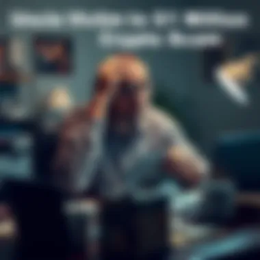 Man stressed over crypto loss A worried man sitting at a desk surrounded by bills and a laptop, reflecting on a significant financial loss in crypto investment, with a family photo in the background.