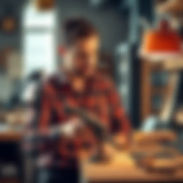 A man confidently using a classic tool in a modern workspace.