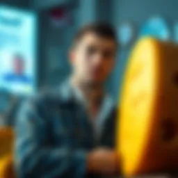 A man looks worried while sitting next to a giant cheese wheel, reflecting on his investment and relationship troubles.
