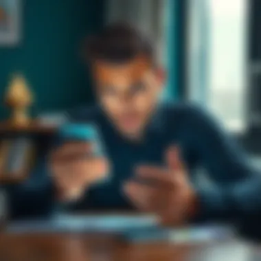 A concerned man sitting at a table looking at his phone with financial charts, symbolizing stress over investments. His wedding ring is visible, hinting at marital issues.