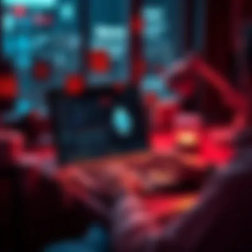 Using a laptop to manage Monero wallet A person sitting at a desk with a laptop open, displaying a Monero wallet interface with digital security symbols around