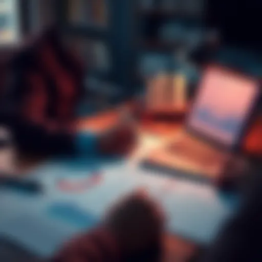 A person analyzing financial documents with charts and a laptop on a desk