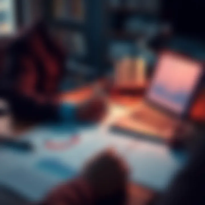 A person analyzing financial documents with charts and a laptop on a desk