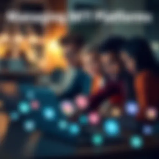 A small team of diverse individuals working together on laptops, discussing social media strategies for their NFT project, surrounded by icons of Twitter, Discord, and Instagram.