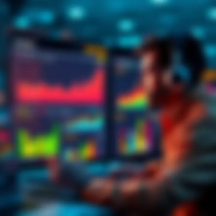 A person analyzing boost levels and parcels on a digital screen, showing graphs and charts to optimize profits.