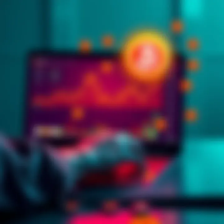 A person analyzing liquidity charts and graphs on a laptop with cryptocurrency symbols around