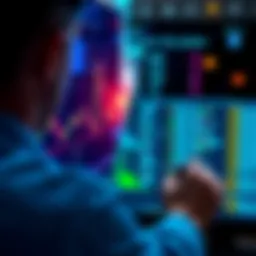 A split image showing a manual trader with charts and an algorithmic trading screen with code, representing the contrast between human trading and automated systems.