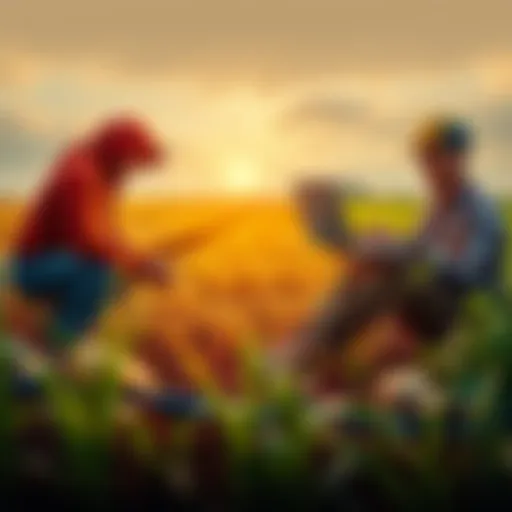 A comparison scene showing a person farming manually on one side and someone using a laptop for automated yield farming on the other side.