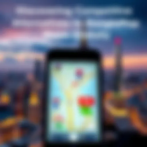 A smartphone displaying various map applications including Yandex and 2ГИС with city landmarks in the background.