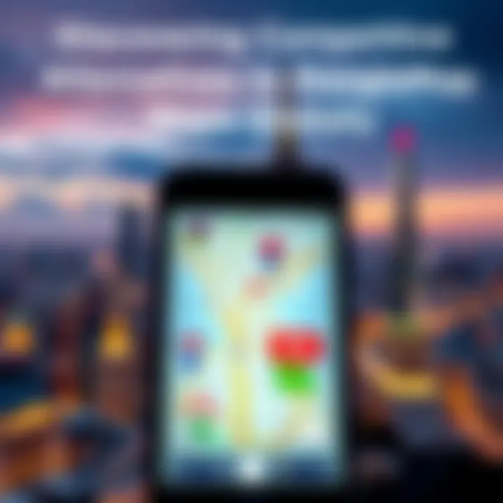 A smartphone displaying various map applications including Yandex and 2ГИС with city landmarks in the background.