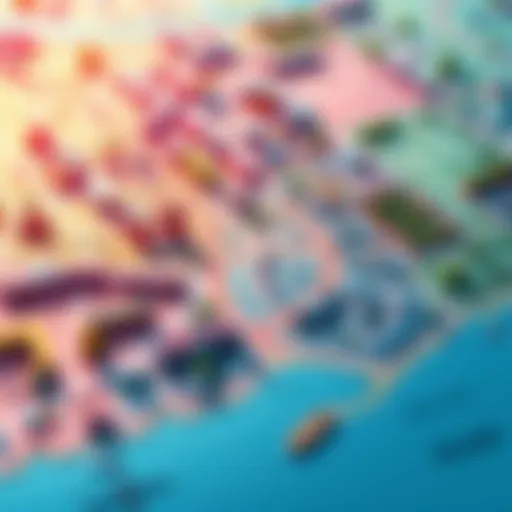 A colorful map displaying various neighborhoods with icons for landmarks and events