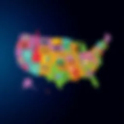 A colorful map of the United States featuring symbols representing different cultures, traditions, and landmarks across the country.