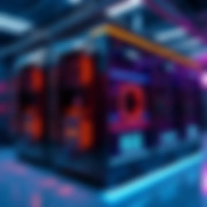 A large mining rig focused on Bitcoin and Kaspa mining, displaying powerful hardware and glowing lights.