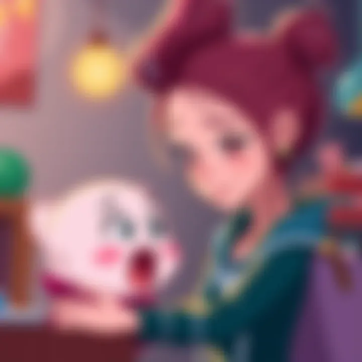 Marceline with a messy bun looks down at a surprised baby Bubblegum, capturing a playful moment between them.