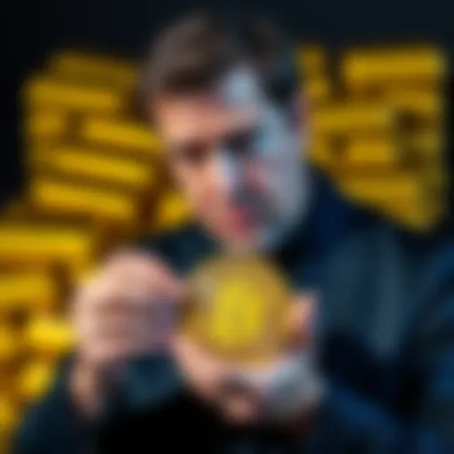 Mark Cuban looking disappointed while holding a Bitcoin symbol, with gold bars in the background