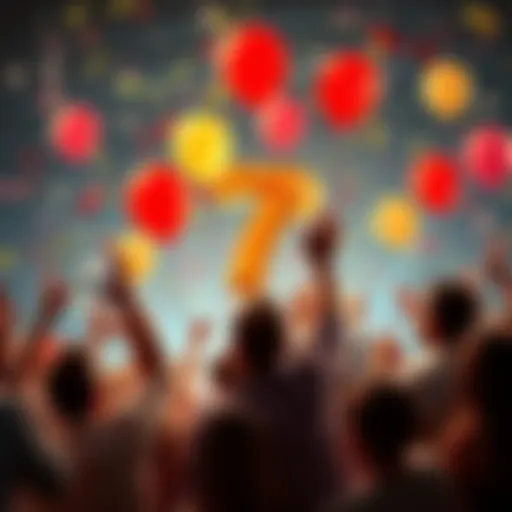 A group of people cheering and celebrating a market cap reaching 7 billion, with balloons and confetti in the air.