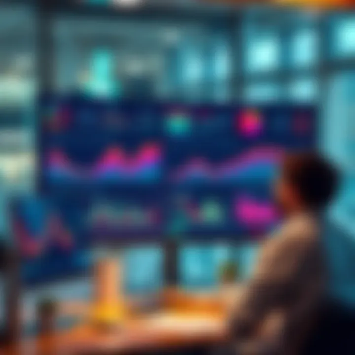 A person analyzing vibrant market trend charts on a large screen in a modern workspace