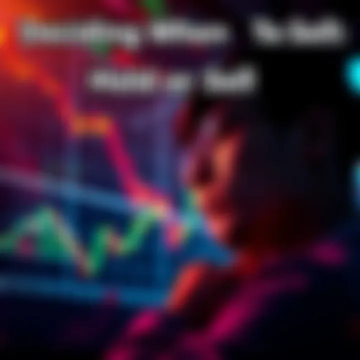 A person contemplating whether to sell or hold an asset, looking at a price chart with fluctuating lines and market indicators.