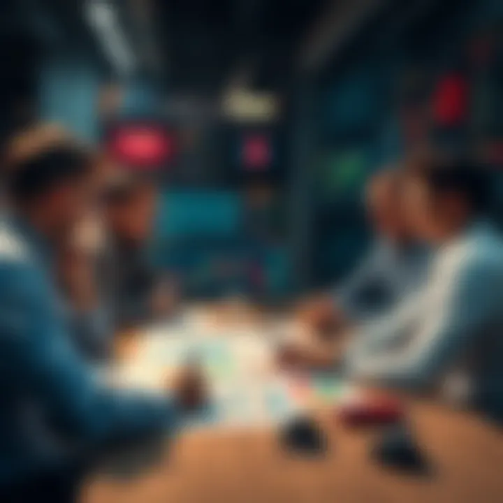 A group of people discussing trading strategies around a table with charts and graphs