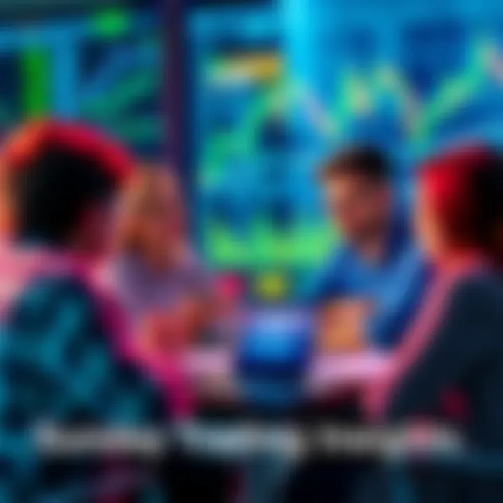 A group of people engaged in a lively discussion about trading strategies and market trends with charts and graphs in the background.