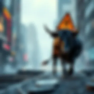 A warning sign depicting a bull heading towards a steep decline, indicating a potential drop in market value to $50K.