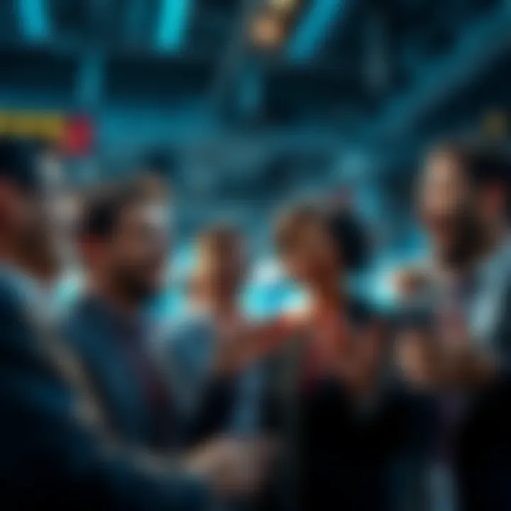 Group of people discussing market trends with excitement on their faces