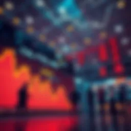 A graph showing a downward trend in market prices with people discussing around it.