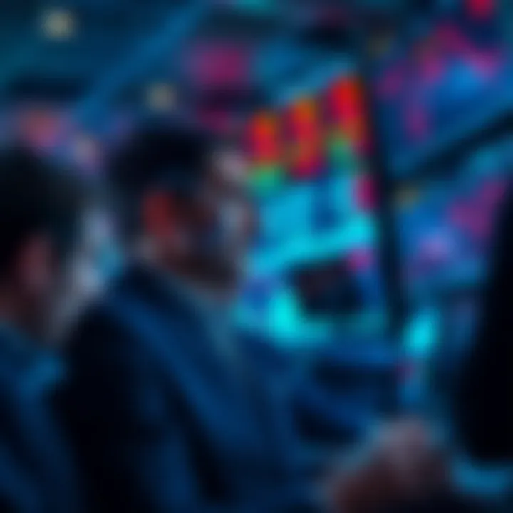 Investors looking worried while watching stock prices drop on screens