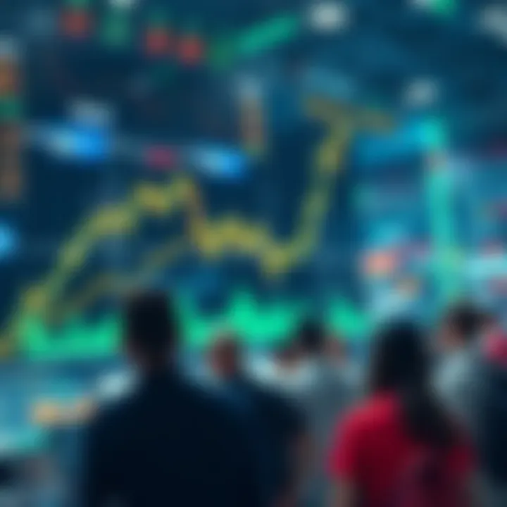 Stock market graph showing a sharp increase, with surprised people looking at their screens.